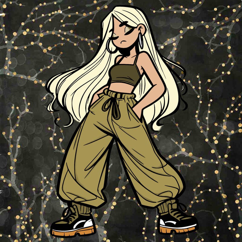 girl in baggy pants crop top and long hair