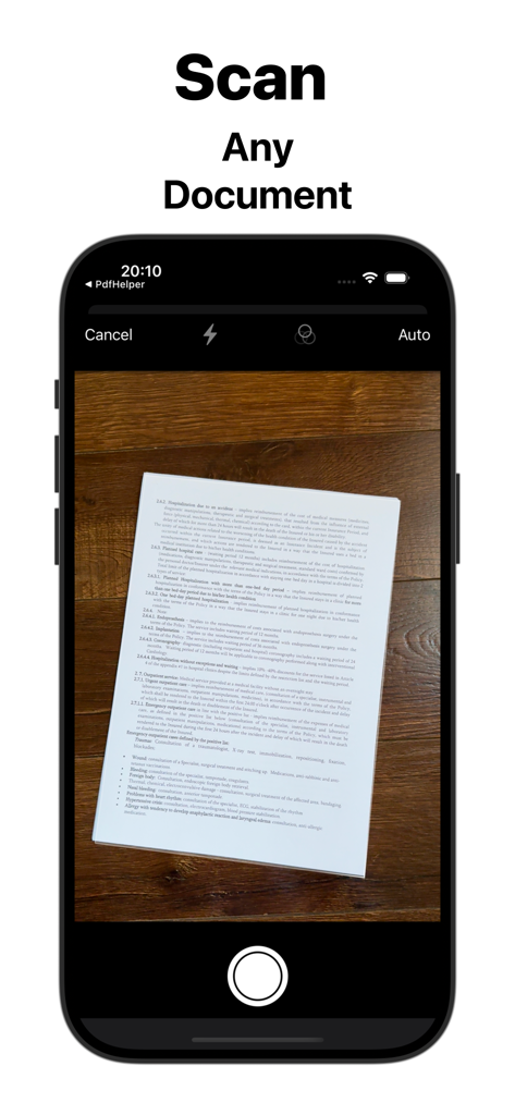 Image to PDF - Scan & Edit App - Interface de aplicativo móvel digitalizando um documento em papel em uma superfície de madeira para convertê-lo em PDF.
