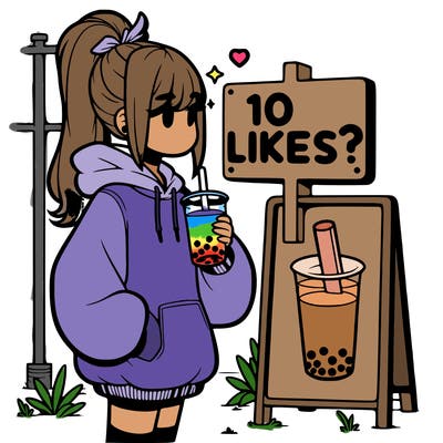girl with oversized hoodie drinking boba and she has a high ponytail with a sign that says 10likes?