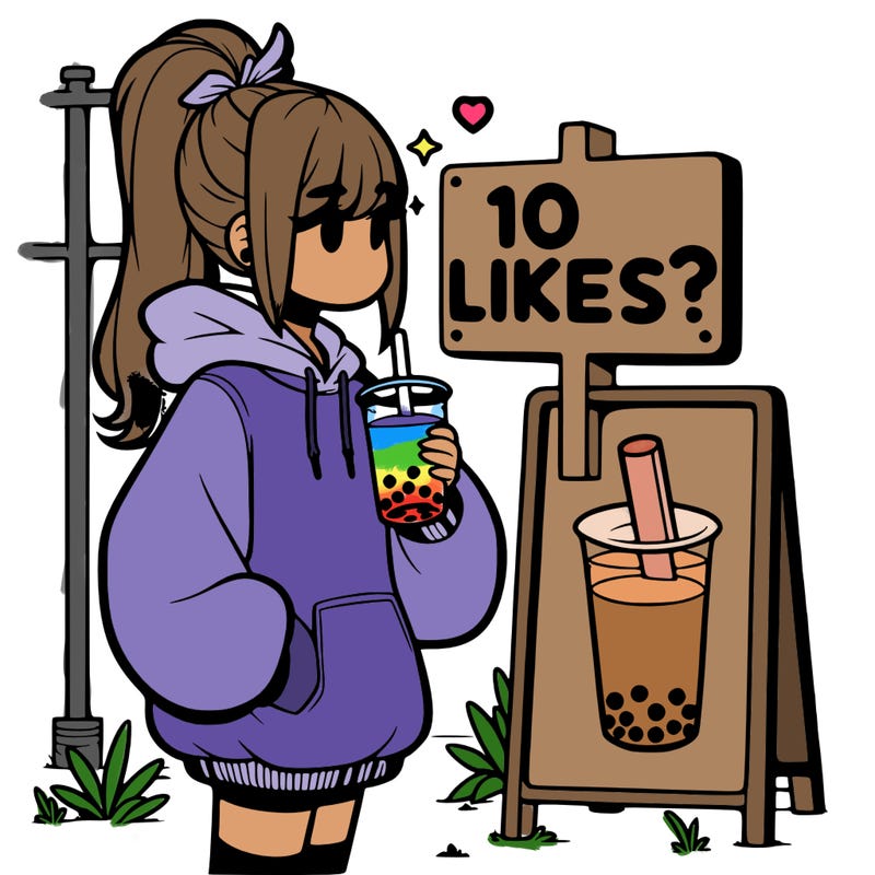 girl with oversized hoodie drinking boba and she has a high ponytail with a sign that says 10likes?