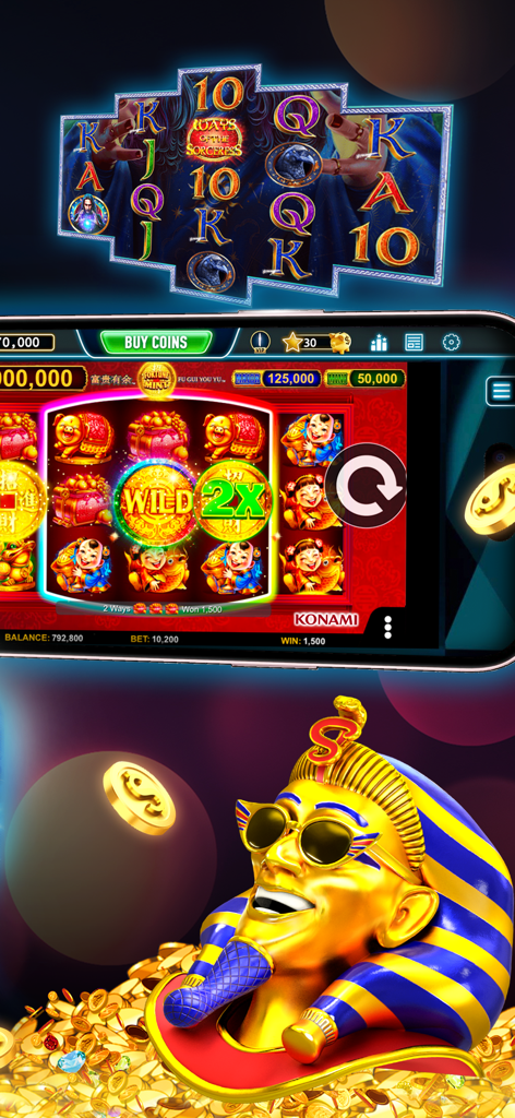 A smartphone displaying a Konami slot machine game with a golden pharaoh and coins in the background
