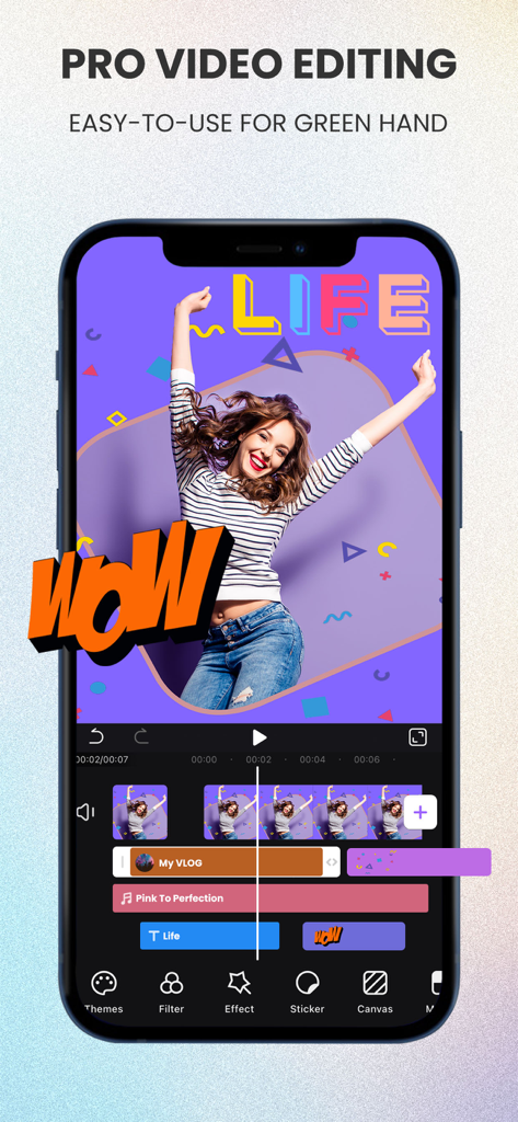 Smartphone screen of Filmigo app demonstrating easy video editing for social media with music and stickers