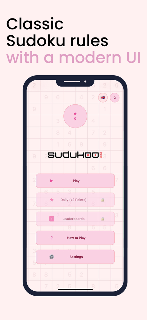 Menú principal de la aplicación Sudukoo con una interfaz de usuario moderna en rosa y blanco con opciones para Jugar, Desafíos Diarios y Tablas de Clasificación