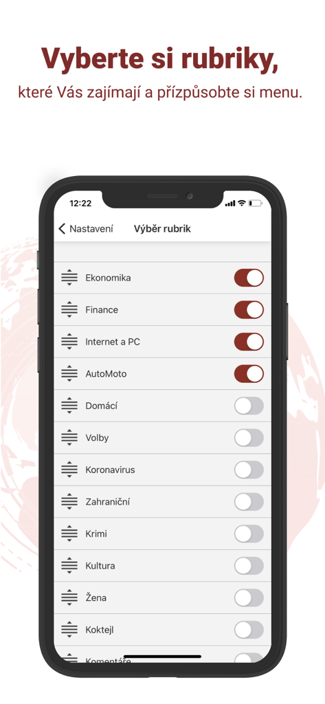 Tela de configurações do aplicativo Novinky.cz mostrando uma lista de categorias de notícias para personalizar e reordenar