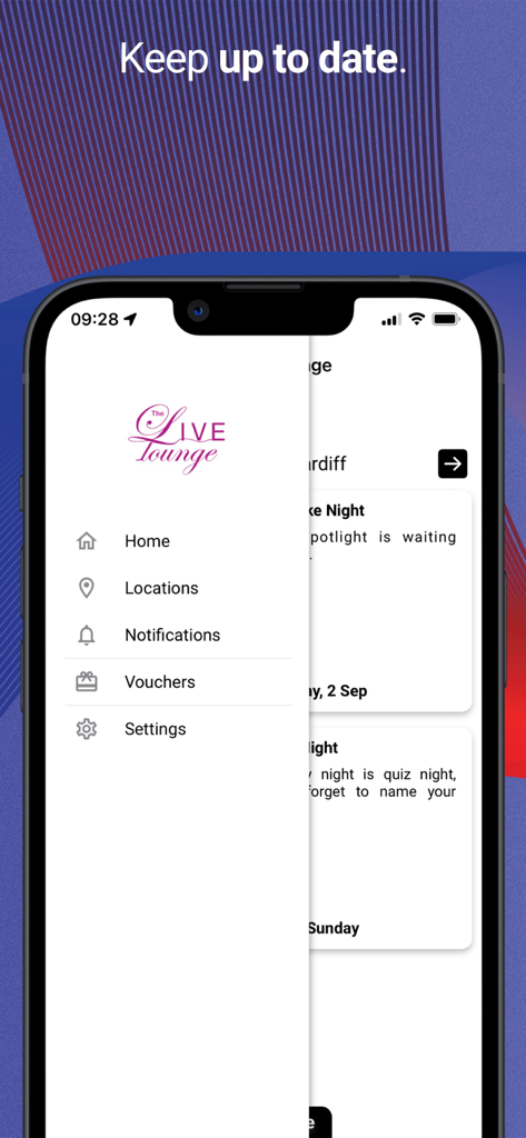 Live Lounge - Navigation menu of the Live Lounge app showing options for vouchers and upcoming events.