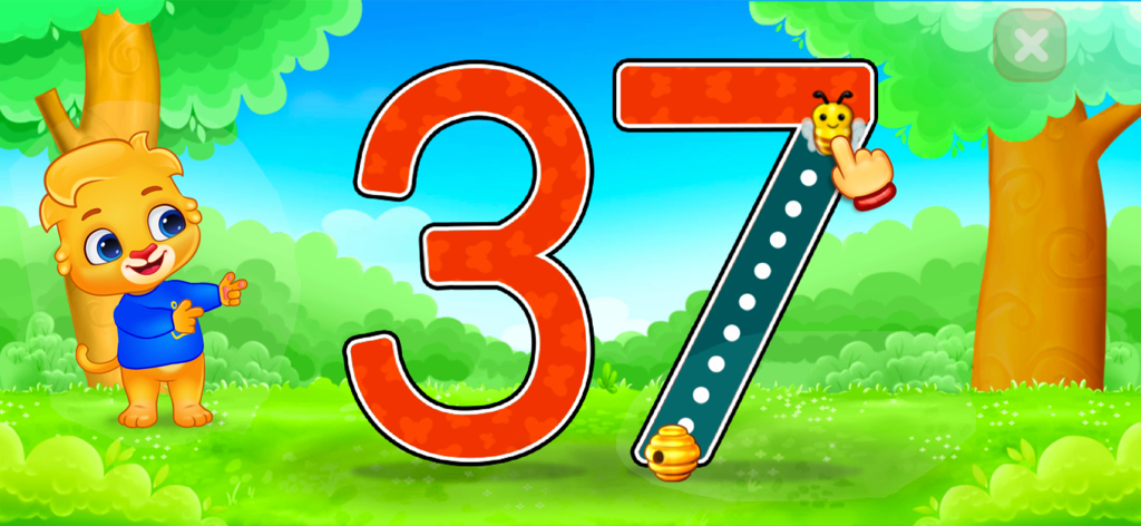 A child tracing the number thirty-seven in a colorful educational app with a cartoon lion mascot
