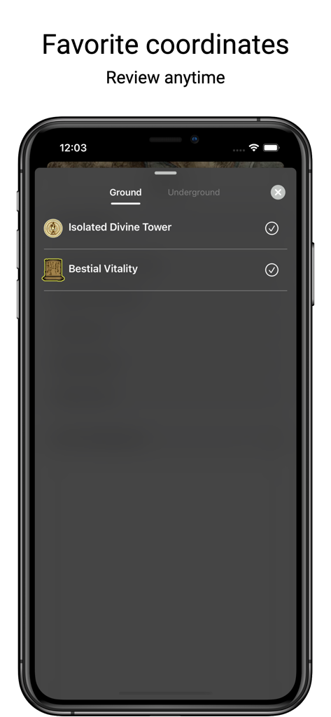 Elden Map - Interactive Map - La interfaz de la aplicación Elden Map que muestra una lista de coordenadas favoritas guardadas, incluyendo puntos de referencia como la Torre Divina Aislada.
