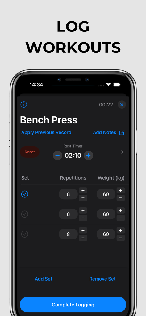 Fit Records - Workout Tracker - Fit Records app interface for logging bench press sets including reps weight and rest timer