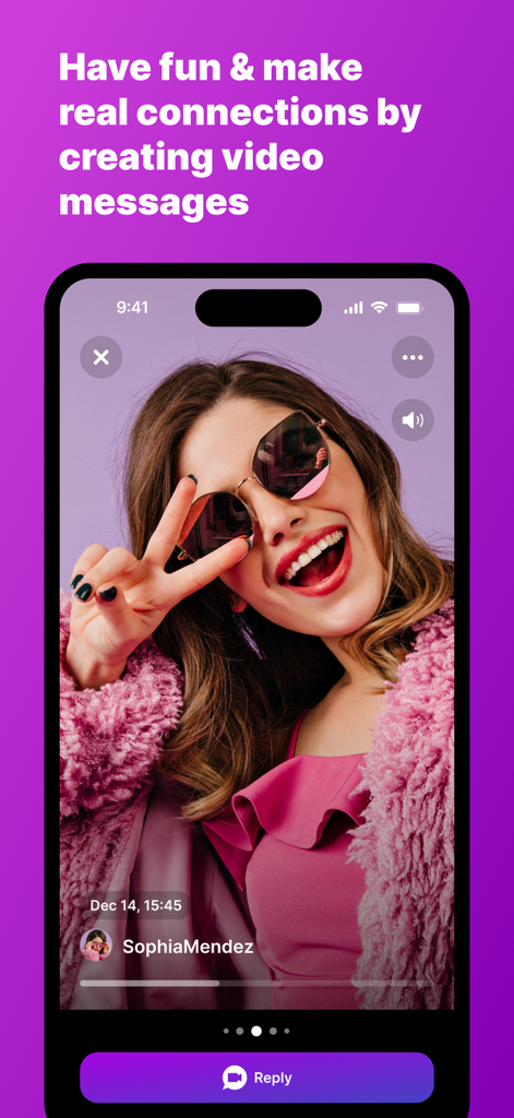 Chainstr: Video Chains - A young woman smiling in a video message on the Chainstr app with a prompt to reply.