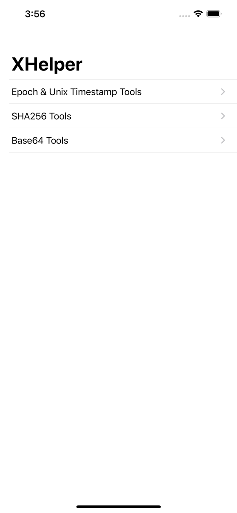 XHelper app main menu displaying Epoch Unix timestamp tools, SHA256 tools, and Base64 tools