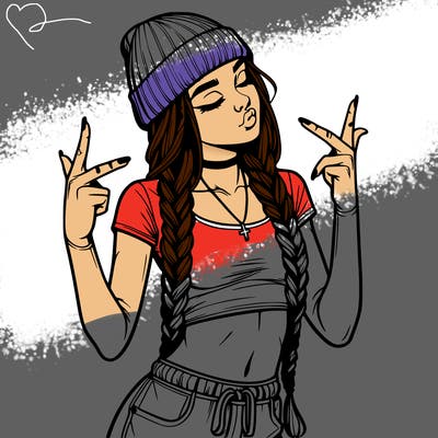 realistic teenage girl with braids and a beanie and crop top doing 🫶🏼