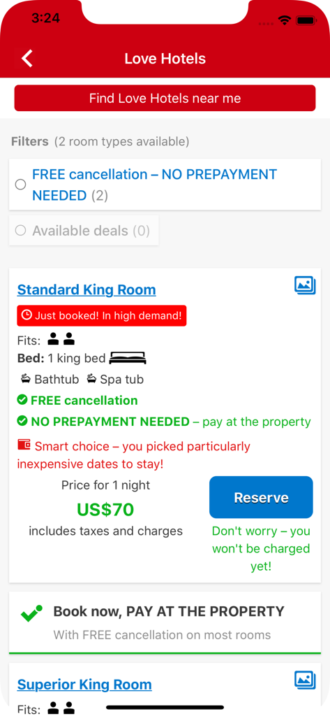 무료 취소 기능이 있는 70달러 스탠다드 킹룸의 객실 예약 세부 정보를 보여주는 모바일 앱 인터페이스