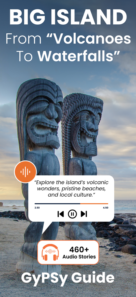 Big Island Hawaii Gypsy Guide - Interfaccia dell'app Big Island Hawaii Gypsy Guide che mostra statue Tiki su una spiaggia con un overlay del player audio del tour