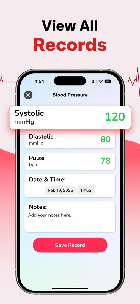Heart Rate Monitor heartbeat - Interface do aplicativo móvel mostrando a entrada manual de leituras de pressão arterial sistólica, diastólica e pulso