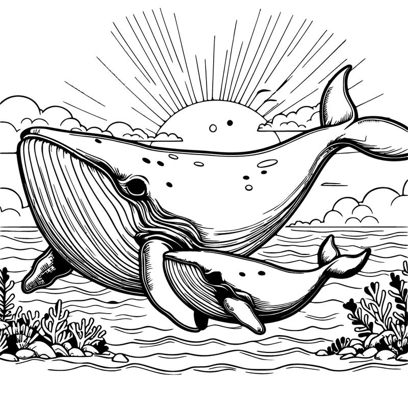 realistic whale in a big wide open with a baby whale