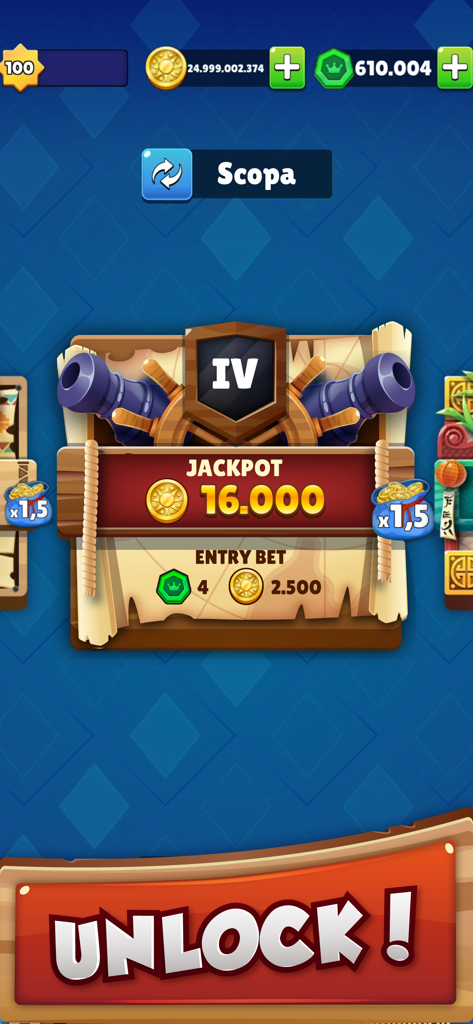 Scopa la Sfida game screen showing a sixteen thousand coin jackpot and an unlock button