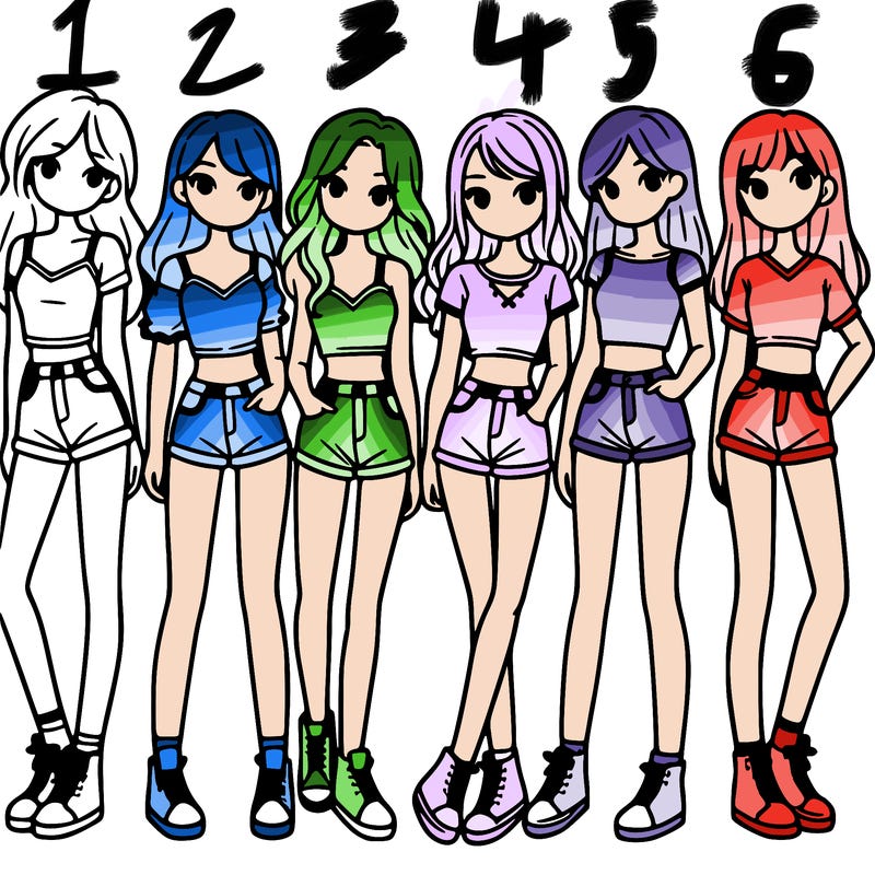 a group of girls wearing crop tops and shorts