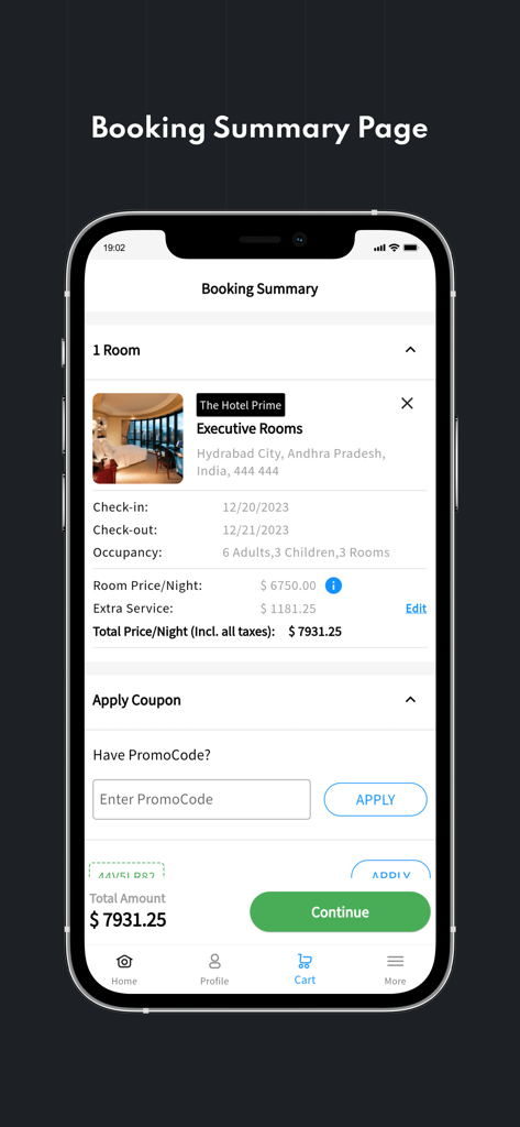 QloApps Hotel App Builder - 部屋の詳細と価格が表示された予約概要ページを示すQloAppsホテルアプリビルダーのモバイルインターフェース
