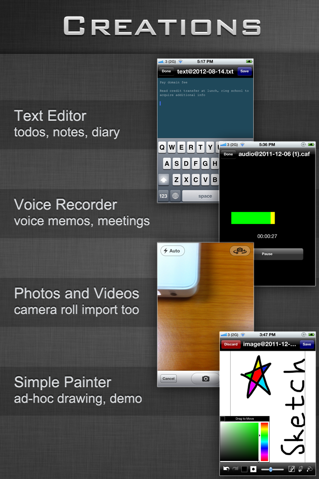 File Manager - Folder Plus - Folder Plus app creations screen highlighting text editor voice recorder camera and drawing tools