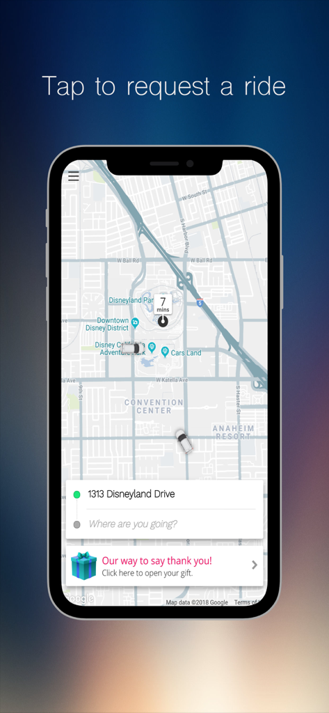 Opoli - Opoli app interface showing a ride request map with pickup location in Anaheim