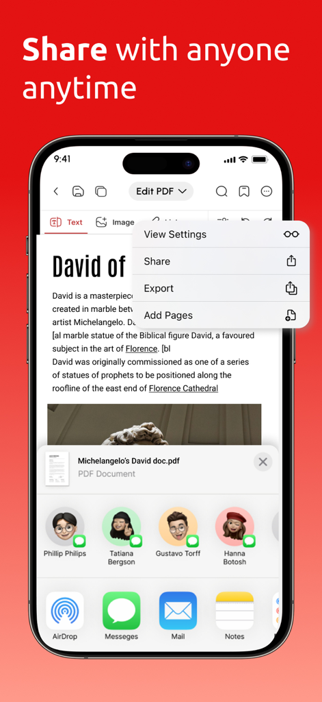 PDF文書と、エクスポートおよびコミュニケーション用の連絡先リストが表示された共有メニューのモバイルアプリインターフェース
