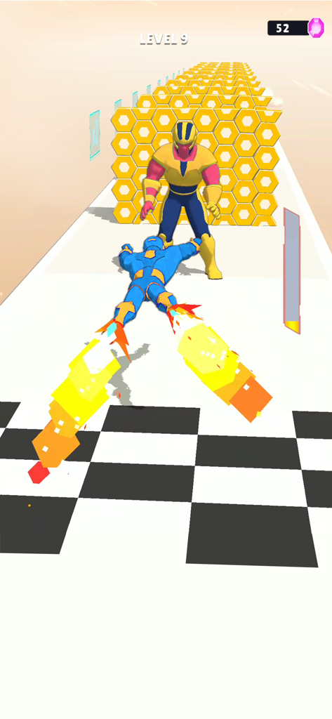 Gameplay screenshot of Mashup Hero showing a blue superhero character approaching a giant boss at the finish line