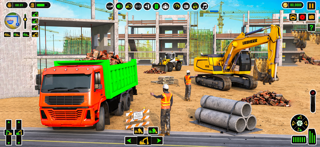 Real Excavator Construction 3D gameplay featuring a red dump truck and a yellow excavator at a construction site