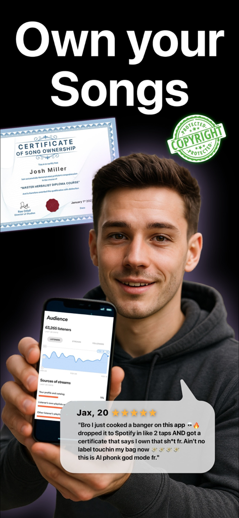 Phonk Maker - Phonky - Un joven creador sosteniendo un teléfono con estadísticas de streaming junto a un certificado de propiedad de canción y un sello de derechos de autor