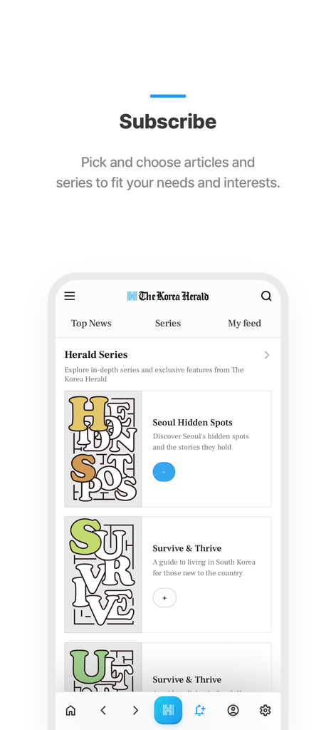 The Korea Herald - The Korea Herald app interface highlighting the subscribe feature and exclusive Herald Series articles.