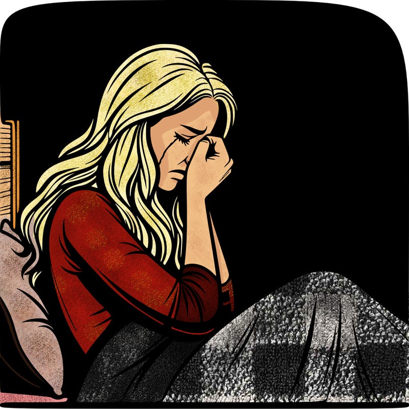 realistic woman crying in her bed in a dark room