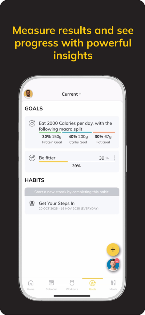 Fitness App (ABC Trainerize) - Dashboard-Ansicht der ABC Trainerize App, die Kalorienziele, Makroaufteilungen und die Verfolgung von Gewohnheiten für einen Fitnesskunden zeigt