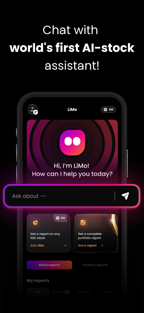 Liquide- Stocks & Mutual Funds - Mobile app interface of LiMo the AI stock assistant for the Liquide investment app