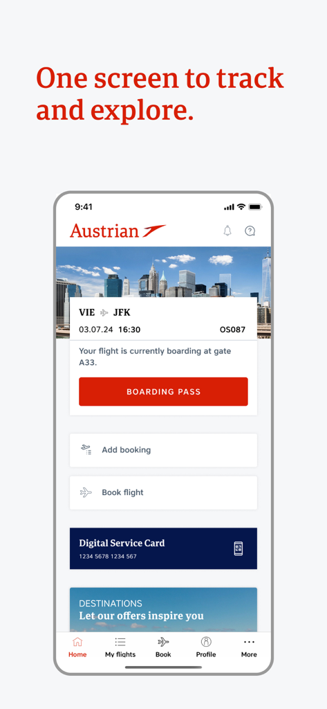 Austrian - Tela inicial do aplicativo Austrian Airlines exibindo informações de voo para uma viagem de Viena para Nova York JFK com um botão de cartão de embarque
