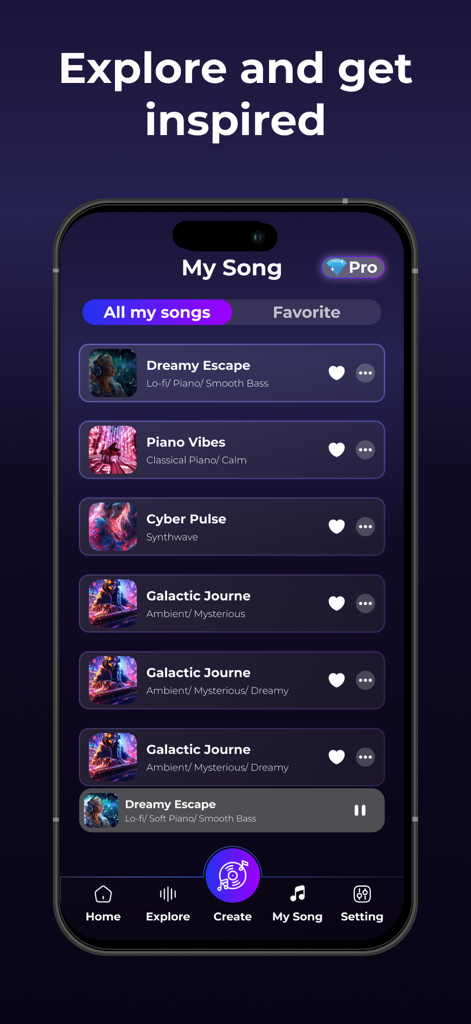 AI Songs: Track Generator - Interfaz de la aplicación AI Songs que muestra una lista de pistas guardadas con títulos como Dreamy Escape y Piano Vibes