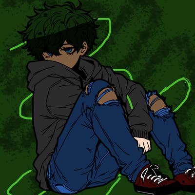 a male hoddie ripped jeans messy hair anime