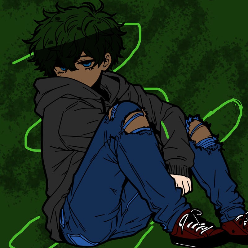 a male hoddie ripped jeans messy hair anime
