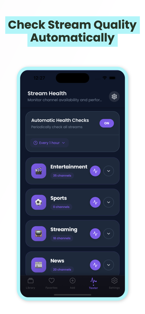 Buz Player app interface showing automatic stream health monitoring and quality indicators for IPTV channels