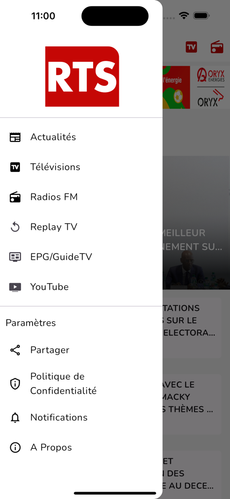Side menu of the RTS LOfficiel app showing news TV radio and replay options
