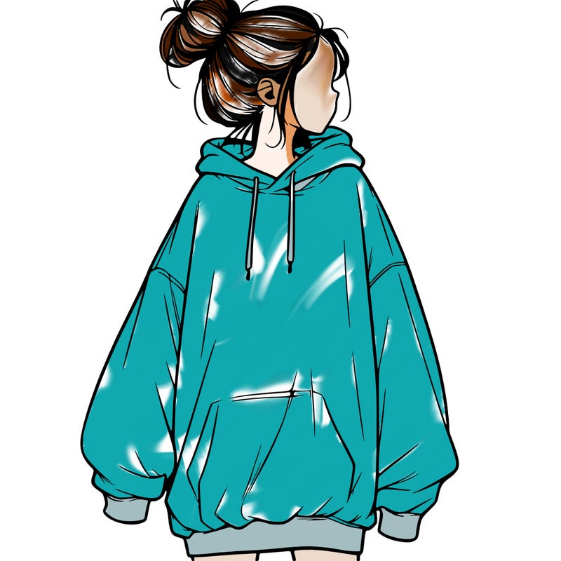 realistic girl with a oversized sweatshirt on and a bun