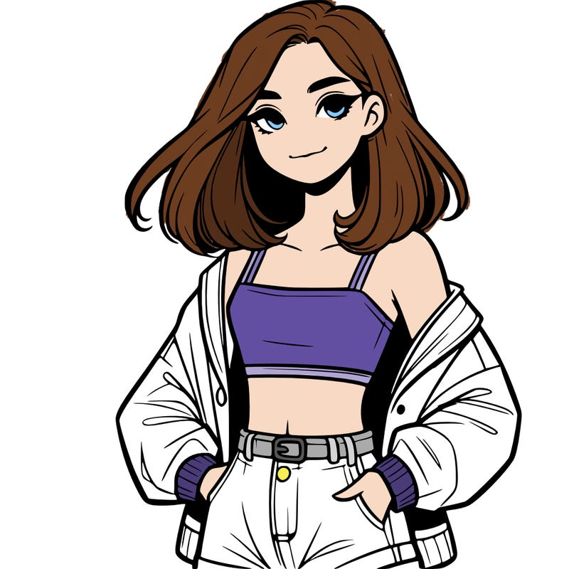 a realistic girl with a crop top and short shorts in an open jacket