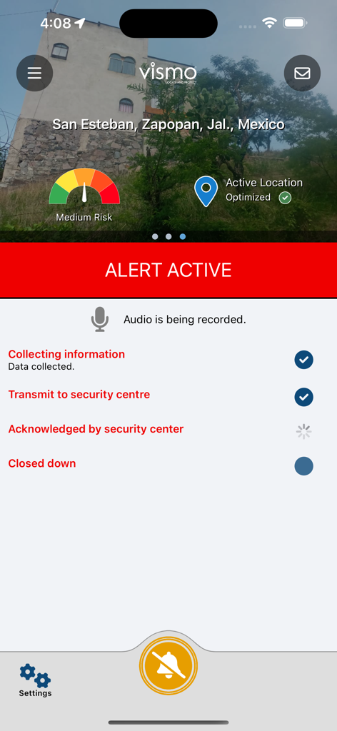 Vismo: Locate & Protect - Vismo mobile app interface displaying an active emergency alert and security monitoring status