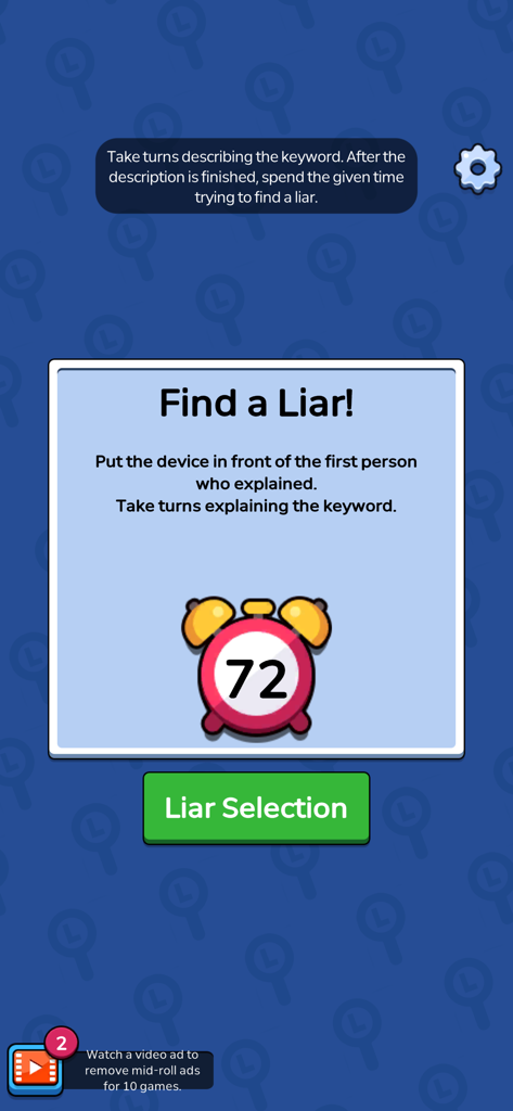 Game screen from Liar Game Global showing a countdown timer and instructions to find the liar