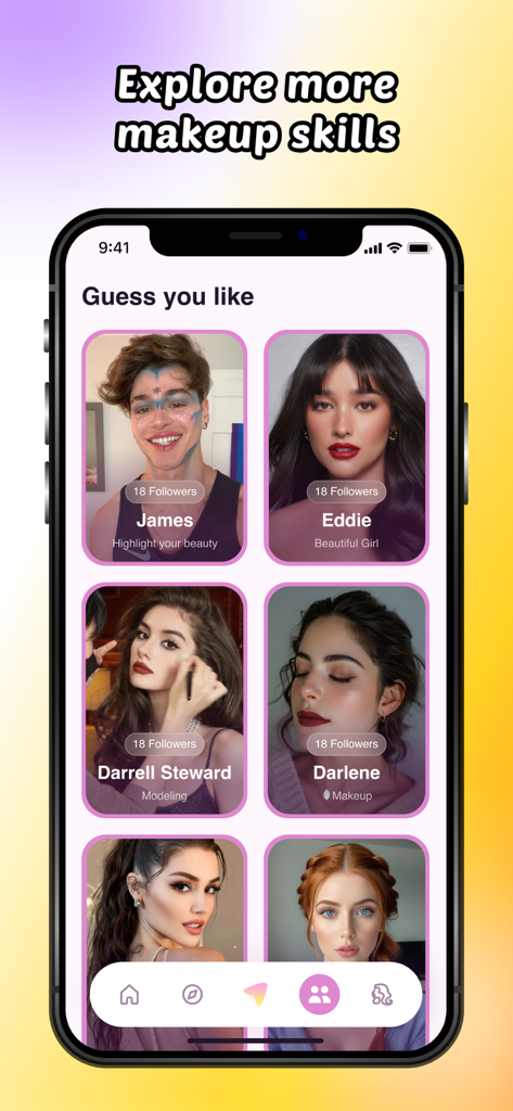 Velvet - Video Chat, Makeup - A mobile app screen showing a grid of makeup artist profiles under a Guess You Like heading with diverse beauty looks.