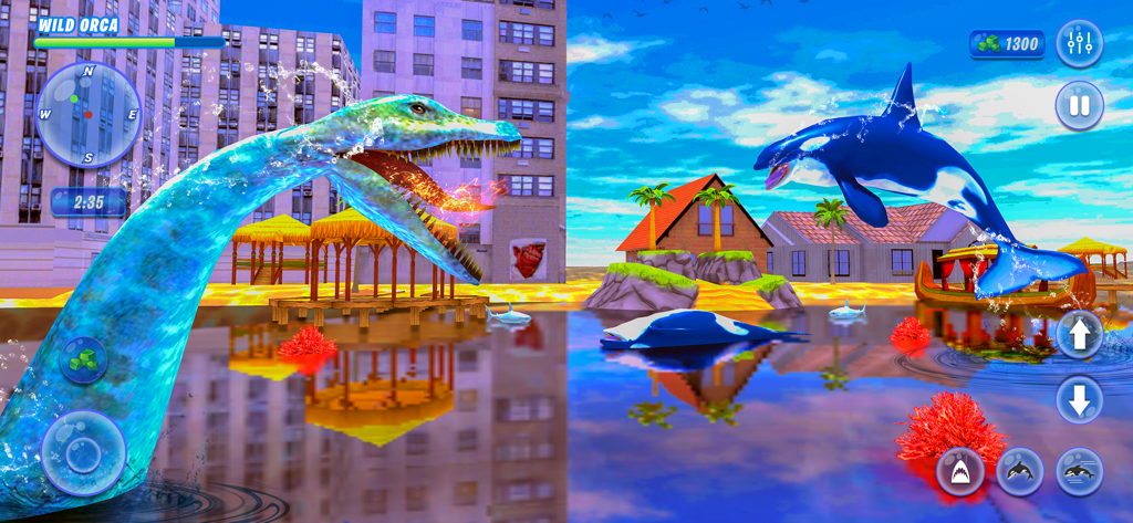 Orca Killer Whale Simulator - An orca jumping in the ocean near a giant sea monster with a city background