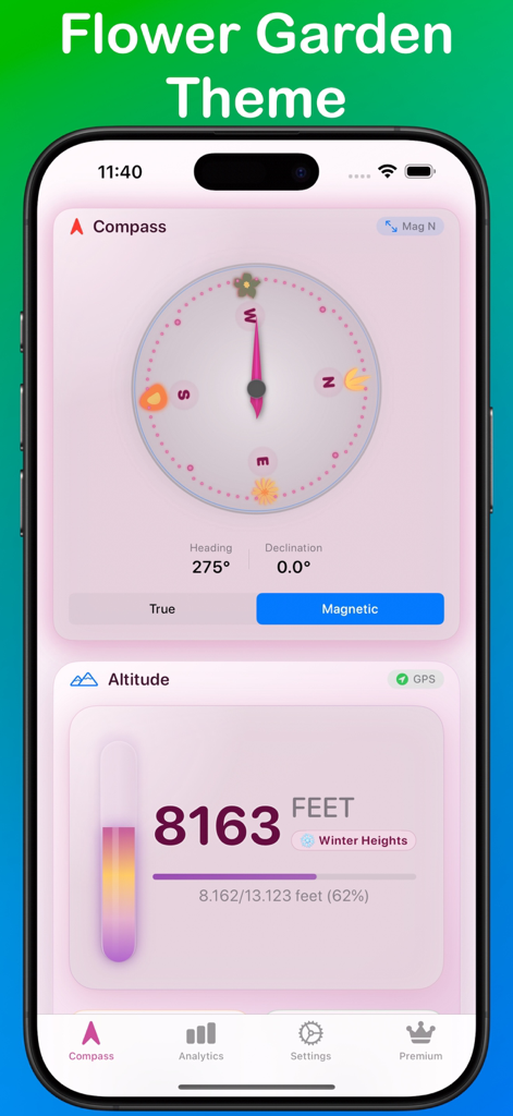 TrueNorth: Compass, Altimeter - TrueNorth navigation app showing a compass and altimeter with a pink flower garden theme