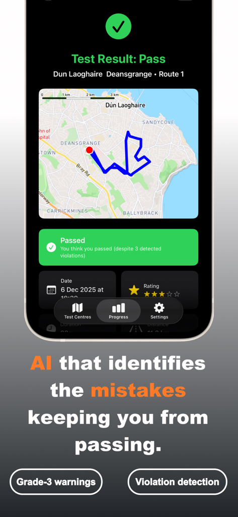 Mobile app screen showing a driving test pass result with a map route and AI detected violations