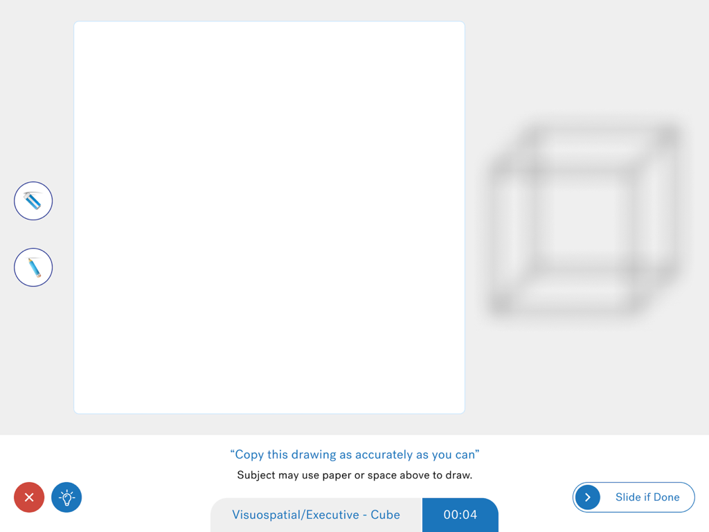 Interfaccia dell'app MoCA Duo che mostra la valutazione visuospaziale esecutiva di disegno del cubo