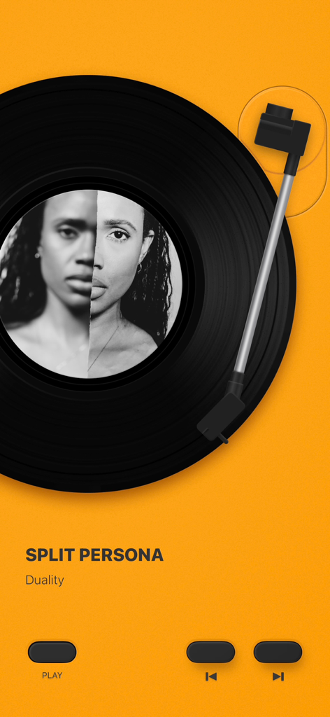 MD Vinyl for Music App - A digital vinyl record player interface with an orange background and minimalist playback controls