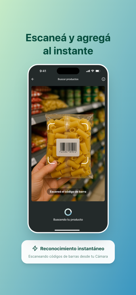 Cabacua - Scanner di codici a barre dell'app Cabacua che scansiona una confezione di pasta in un corridoio del supermercato per confrontare i prezzi