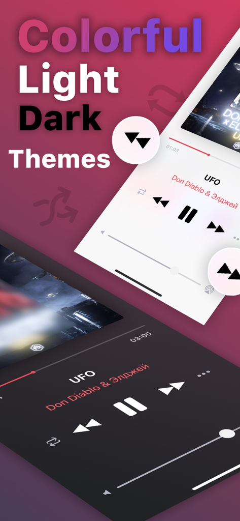 Melodista offline music player interface showing light and dark theme options